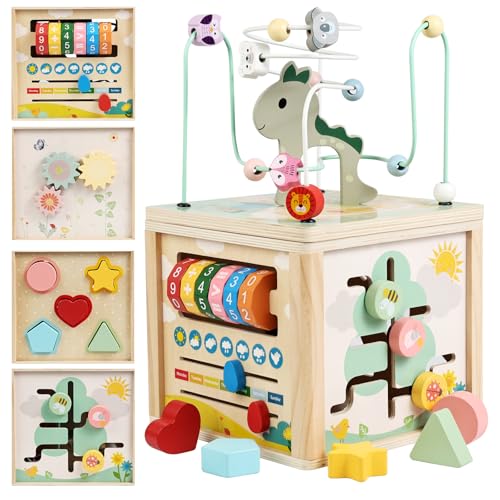 Wooden Activity Cube - 14.37IN 7-in-1 Montessori Toys for 1 2 3 Year Old