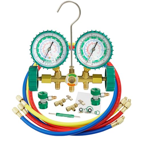 PB Motor Tech 3 Way AC Manifold Gauge Set for R134A R12 R22 R502 Refrigerants with Quick Couplers Two Can Taps Hoses Valve Core Tool for Automotive & Household AC Maintenance (Green)
