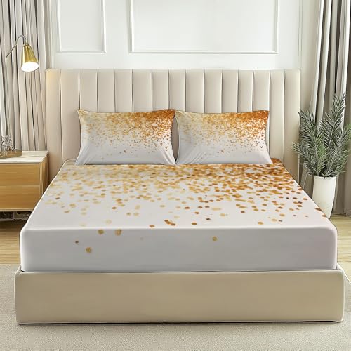 Sábana Bajera Ajustable 90 × 190 cm - Moderno Elegante Lentejuelas Diseño - Albaricoque Microfibra Cepillada para Colchón 30cm Tejido Suave Transpirable Hipoalergénico Lavable a Máquina