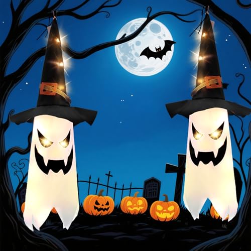 Arespark 2 peças fantasmas pendentes com chapéu de bruxa, fantasma de Halloween com 3 modos luzes LED, decoração de Halloween exterior e interior, fantasmas pendentes para festa, jardim, pátio