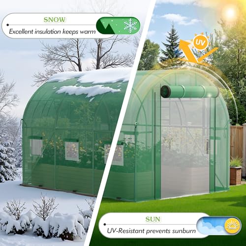Image of Greesum Walk-in Greenhouse for Outside Heavy Duty, Greenhouse with Zippered Screen Doors & 6 Screen Windows for Winter, Green