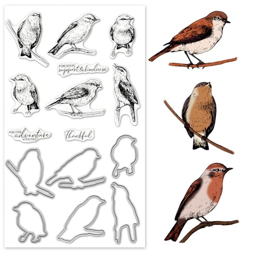 Birds Cutting Dies and Clear Stamps Animals Clear Stamps with Die Cuts for Card Making, Thankful Words Animal Embossing Stencil Template Tool for DIY Scrapbooking Photo Album Card Craft Decoration
