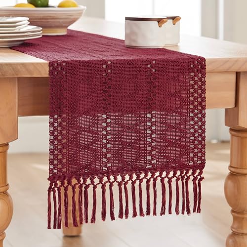 Image of ZeeMart Macrame Style Boho Table Runner, 12x90 Inch Burgundy | Woven Boho Table Runner with Handmade Tassels, Crochet Hollow Table Scarf, Farmhouse Kitchen Home Decor Dresser Runner