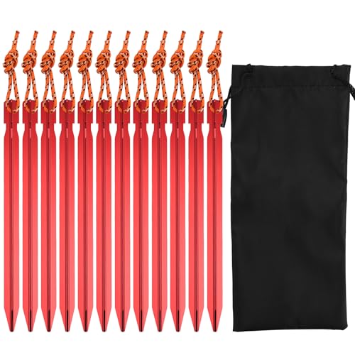 12Stks Rote Robuste Leichte Sturmheringe, 18cm Y-Förmige Zeltheringe Aus Aluminiumlegierung, Zeltheringe Aus Metall mit Reflektierendem Seil Transporttasche, Dreieckige Sandheringe für Wander Reisen