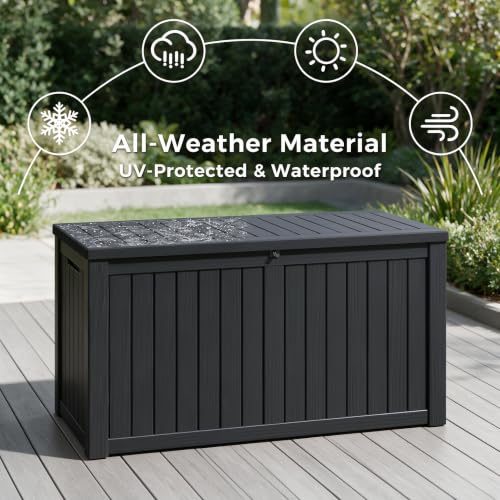 Image of 180 Gal Deck Box, Outdoor Storage Box Waterproof Lockable, Gas Lift,Black | Large sturdy grey resin deck box, double wall panels, waterproof backyard storage for package delivery, garden hoses tools