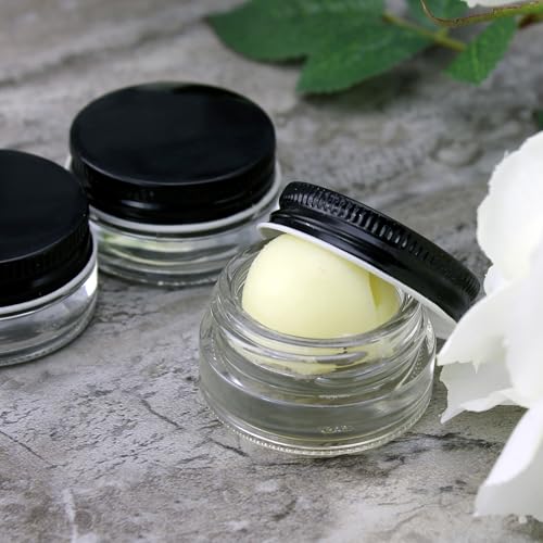 Cornucopia Brands 7-Milliliter Glass Lip Balm Jars (24-Pack).25-Ounce Thick-Walled Containers (7ml Clear with Black Metal Lids)2
