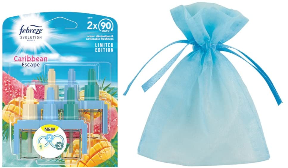 Febreze Ambi Pur 3Volution Air Freshener Plug-in Device & 20ml Refill Pack, Caribbean Escape Scent, Limited Edition + Our Gift for You - Organza Bag Size 9 x 7 x 0.1 cm