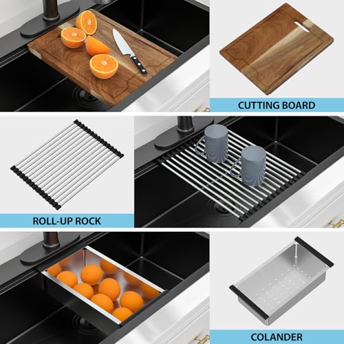 Image of 33 Black Drop In Kitchen Sink Workstation - Kichae 33x19 Drop In Kitchen Sink Black Stainless Steel Topmount 16 Gauge Deep Single Bowl Basin Round Corner