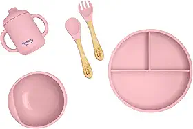 Freso Baby Kit Alimentação De Bebê Silicone Atóxico Livre Bpa Introdução Alimentar Blw Tigela Prato Ventosa Talher Infantil Fácil De Limpar Cor Rosa