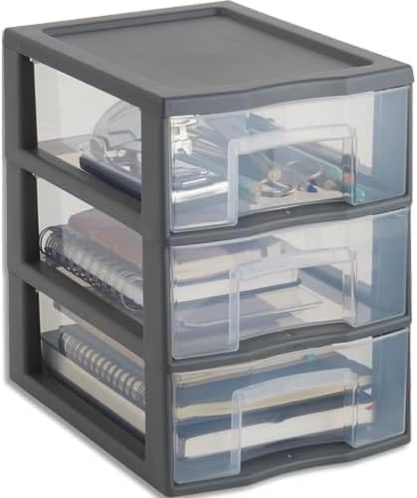 SUNDIS Tag Tower, schubladenbox aus Kunststoff, grau, 3 transparente Schubladen im Format A5, Höhe 25,5 cm, stapelbar, ideal zur Aufbewahrung von Kosmetika, Schmuck, Accessoires, Vorräten