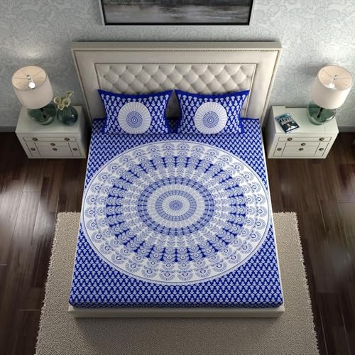 Image of LA VERNE 104 TC Cotton Double Bed Bedsheet Jaipuri Rajasthani Print Bedsheet with 2 Pillow Covers (White, Blue)