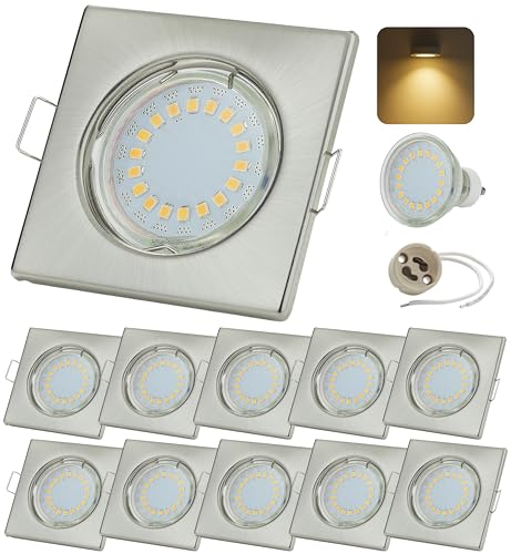 Sweet Led® 10x Focos empotrables incl. Casquillo GU10 5W 430 Lúmenes IP20 Luces empotradas LED para techo, luces para muebles, focos downlight - cuadrado, luz cálida, cromado cepillado