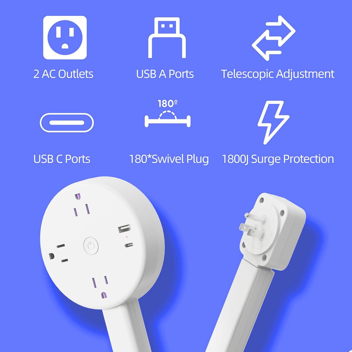 Electrical Outlet Rotating Telescopic Extender Stick,180° Swivel, Can Telescopic17-27in for Hard-to-Reach Outlets Behind Couches & Desks, 2 AC Outlets, USB-A/USB-C Fast Charging Port (Circle 1PCS)