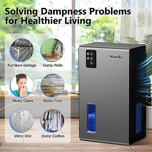 NineSky Dehumidifiers for Home, 1000 Sq.Ft Dehumidifier with 95oz Water Tank, Quiet Dehumidifier for Basement Bathroom Bedroom with 7-Color Ambient Light & Auto Shut Off, Grey - View 8