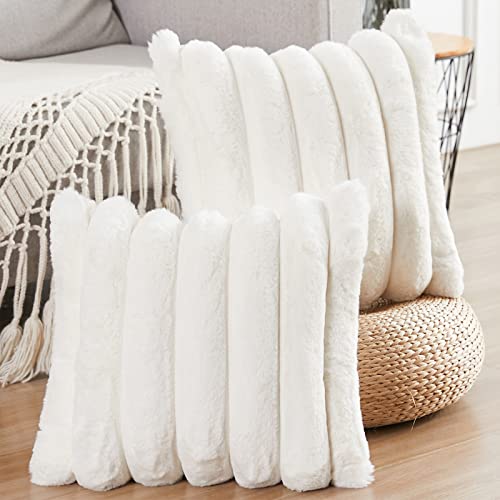 Joyouth Faux Fur Plush Throw Pillow Covers 12X20 Inch Set Of 2 - Luxury Decorative Fuzzy Striped Soft Cozy Pillowcase For Couch, Sofa, Living Room - Cream White #TOP1