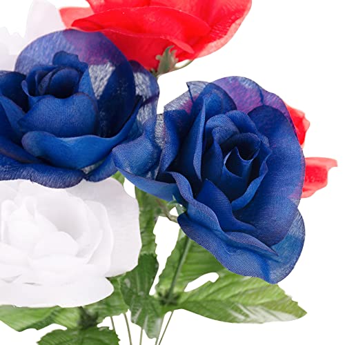 Zaugontw 12 Stems Patriotic Memorial Bouquet Artificial Blooming Chrysanthemum, Thank You Veterans Roses With American Flags, Artificial Full Blooming Flowers For Memorial Day, Red/Blue/White #TOP1