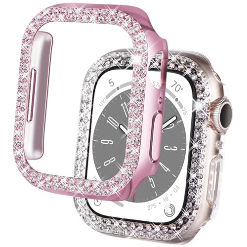 DEALELE [2-PACK Case Compatible with Apple Watch Series 6/5 / 4 / SE2 / SE (44mm), Bling Double-Rows Rhinestone Diamond Protective Case Cover Replacement Protector (44mm, Pink+Transparent)