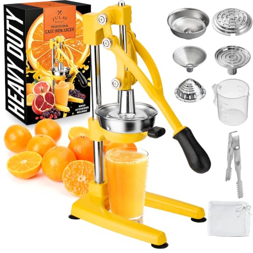 Zulay Kitchen Cast Iron Juicer 9 in 1 Metal Presser, Citrus Squeezer, Yellow