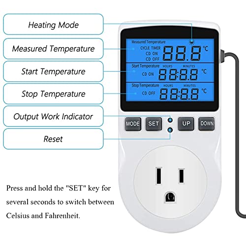XIEHUZA Backlit Digital Temperature Controller, LCD Screen Heating Cooling Thermostat Outlet Socket with Sensor Timer Regulator for Reptile Incubator Greenhouse Brewing Refrigerator, 110V, 15A, ℉/℃ - Thumbnail 2