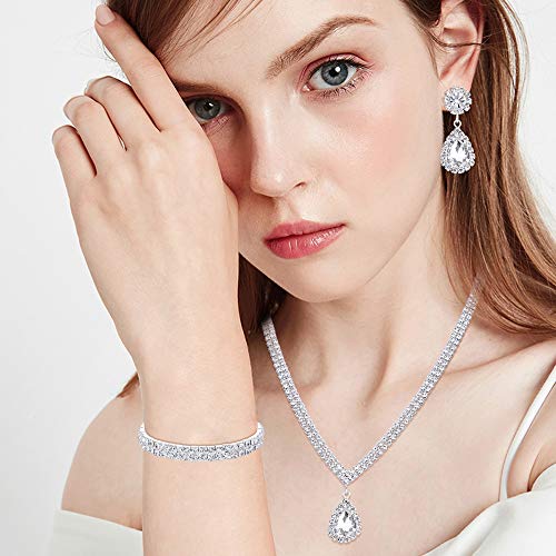 Subiceto Bridal Jewelry Set for Wedding Simple Necklace Teardrop Dangle Earrings Bracelets Crystal Prom Bridal… - Image 8