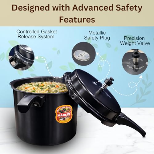 Image of Marlex Maestro 12 Litres Hard Anodised Pressure Cooker - 5 Year Warranty ISI Certified - Gas Stovetop Compatible - Ideal for Large Family, Commercial Use, Durable Black Cooker with Safety Valve