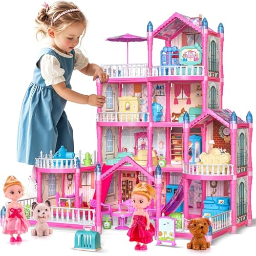 TOYBY 275 Pcs Doll House for Girls 3-5 4-Story Dollhouse with Lights and Furniture Accessories 10 Room DIY Dream House Toddler Playhouse Building Toys Doll House for Kids ages 9-11 (Pink)