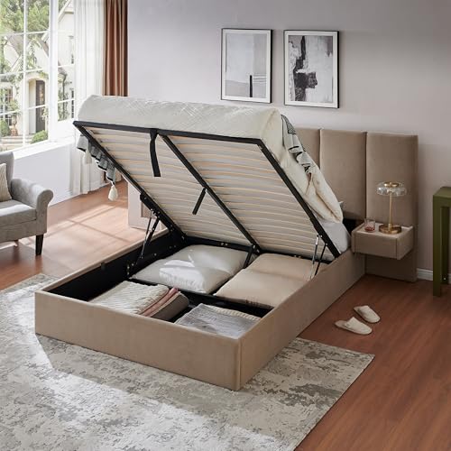 Zanmintaobo Queen Size Upholstered Platform Bed Frame with Lift-Up Storage, Velvet Headboard & Built-in Nightstands, No Box Spring Needed, Brown