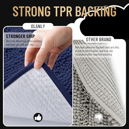 Image of OLANLY Thick Bathroom Rugs 30x20, Extra Absorbent Chenille Striped Bath Rugs, Rubber Backing, Machine Wash Dry, Bath Mats for Bathroom Floor, Tub and Shower, Home Decor Accessories, Twilight Sapphire
