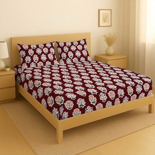 Image of la'amour XXL Microfiber Soft Cotton Super King Size Bedsheet for Double Bed, King Size 108 Inches X 108 Inches, 9 Feet, 275 X 275 cm with 2 Large Size Pillow Covers Without Joint - Maroon adn White