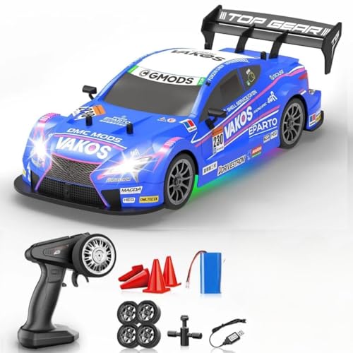 Image of Rc Drift Remote Control Car 1:24 Scale, High-Speed, 4Wd, Lights, Rechargeable Racing Car, Drifting Tires, 2.4Ghz, for Kids (RC Drift Car - Blue)