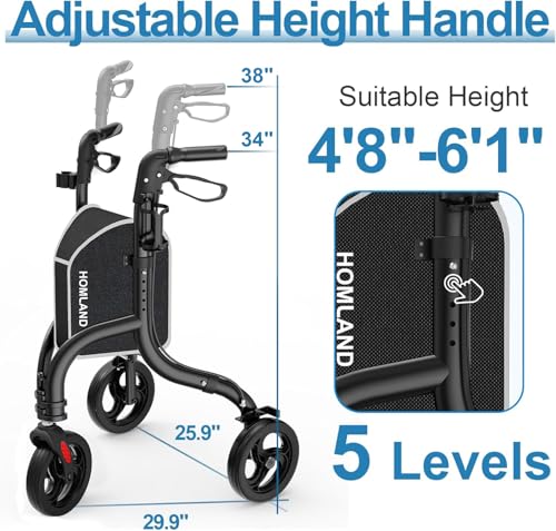 HOMLAND 3 Wheel Walkers for Seniors, Foldable Wheeled Rollator with Cane Hold and Cup Hold, Lightweight Three Wheel Rolling Walker Height Adjustable for Seniors - Thumbnail 2