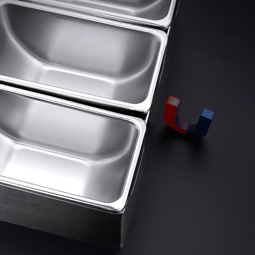 LIUBO Tabletts mit 6 Fächern, Edelstahl, abnehmbare Topping Station mit Deckel, Pizza-Zutaten, Gewürzspender, wiederverwendbar, eiskühlt, Gewürzbehälter