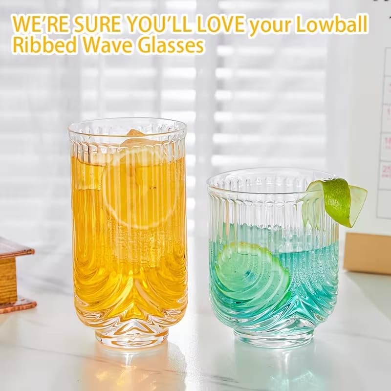 Image of PrimeWorld Vintage Ripple Highball Glass Set of 6 - 370 ml | Fashioned Transparent Cocktail Glassware | Classic Tall Glasses for Water, Juice, Iced Coffee & Bar Beverages