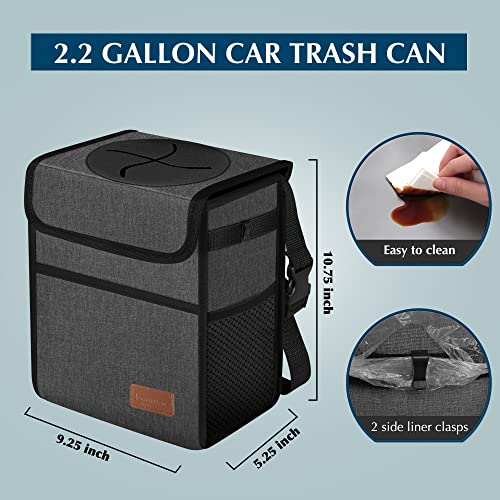 Image of Leak Proof Car Trash Bag Waterproof Garbage Can with Lid for SUV Front Seat Multipurpose Car Hanging for Headrest Collapsible and Portable with Storage Mesh Pocket, Charcoal Gray