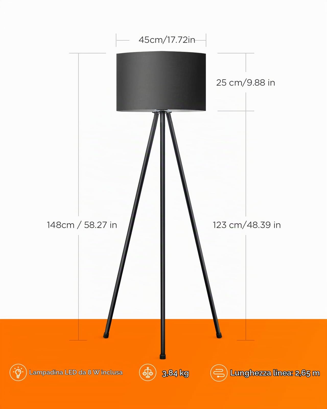 tomons Lampada da Terra LED Dimmerabile Contemporanea con Treppiede in Metallo, per Soggiorno e Camera da Letto, Stile Scandinavo - Nero