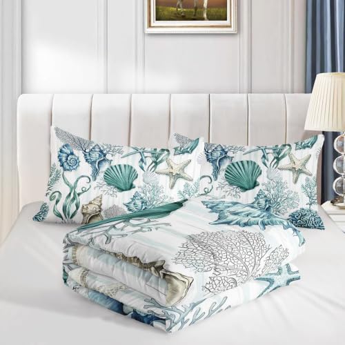 Image of AILONEN Teal Shell Collage Full Comforter Set, Seahorse Coral Artwork Bedroom Ensemble, 3 Piece Microfiber Down Alternative Fill for Adults Apartment Residents