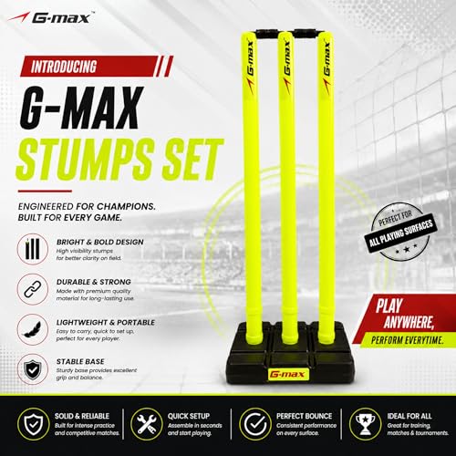 Image of G-Max Cricket Wicket Set - 30 Inch Plastic Stumps with Stand & Bails | Durable Cricket Wickets for Ground, Match, Tournament, Practice | Standard Size Cricket Kit for All Ages (Neon Green)