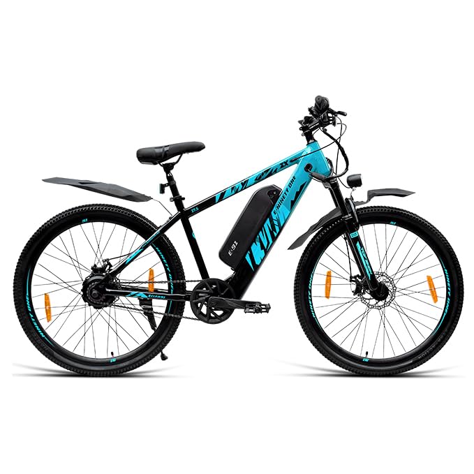 NINETY ONE ZX | Electric Cycle | 10.4Ah Battery | 27.5T | 91 Tuf Shox Front Suspension 80mm Travel | 250 Watt IP65 BLDC Motor | 85% pre-Assembled | 2 Years Battery Warranty | Black Turquoise