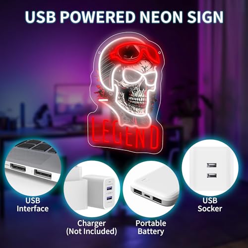 Image of Skull & Helm LED Neon Sign USB Powered for Wall Decor,Rogue Rider Legend Neon Night Light Sign Dimmable for Boys Room Party Decor Halloween Birthday Gifts