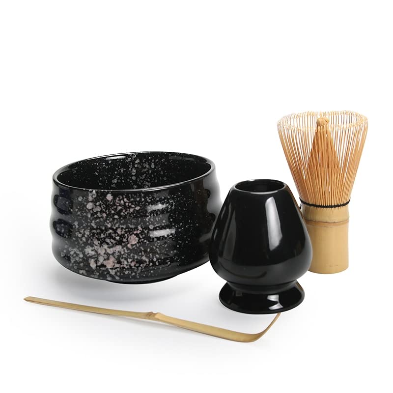 LIUXIN Juego de 4 Unidades de Matcha Tradicional, Juego de Regalo, batidor de Matcha Natural, Cuenco de Matcha cerámico, Soporte para batidor , Juegos de té japoneses