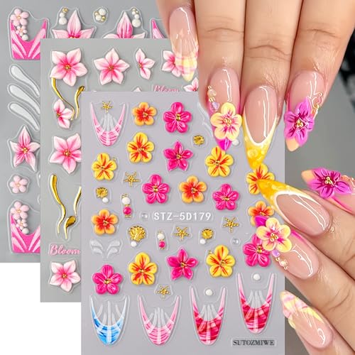 3 Sheets Hawaiian Flower Nail Stickers 5D Embossed Floral Self Adhesive Nail Decals Yellow Pink Lilies Hibiscus Flowers Nail Art Stickers Summer Party Elegant Tropical Nail Accessories for Women