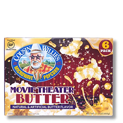 Cousin Willie's Microwave Popcorn Bags, Movie Theater Butter (6 Bags) Gourmet Popcorn Boxes for Party, Whole Grain Popcorn, Gluten Free, Low Calorie Healthy Snack, USA Made, non-GMO - image 1