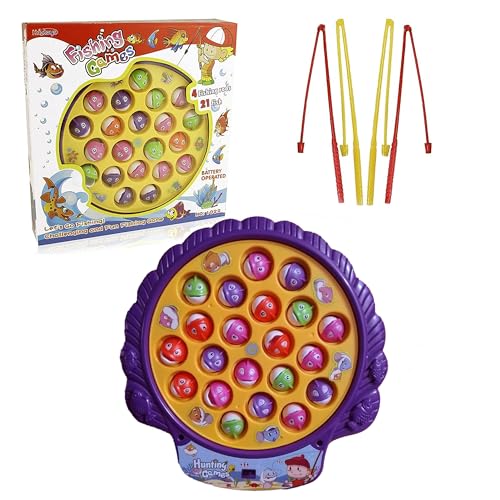 Image of Kidology Fishing Game Play Set for Kids - Rotating Musical Board, Fun Interactive Catching Toy for Toddlers | Circular Plastic Fishing Toy- 21 Colorful Fish, 4 Magnetic Rods (Yellow)