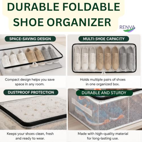 Image of RENVA 4 Pcs Foldable Transparent Shoe Storage Box with Handle & Zipper | Stackable Design, Organiser for Home, Clear Visibility, Space-Saving, Shoe Rack