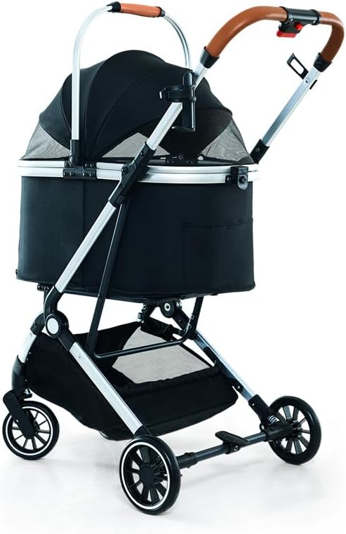 Travel Dog Stroller Buggy Trolley, 3 in 1 Dog Cat Pushchair with Storage Basket Net Window Cup Holder, 360 ° Wear-Resistant Rubber Wheels Dog Travel Carrier