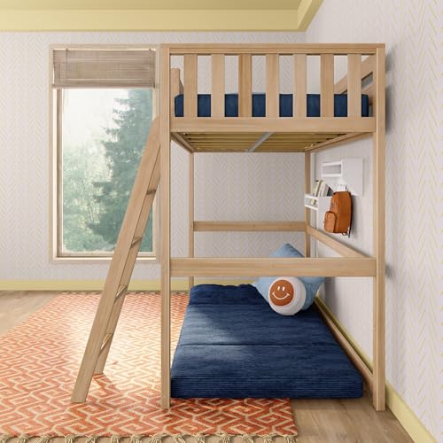 Image of Max & Lily Scandinavian Twin Loft Bed - Modern Solid Wood Kids' High Loft with 14 inch Guard Rails, Angled Ladder with Anti-Slip setps, 400-lb Capacity, Easy Assembly, Blonde