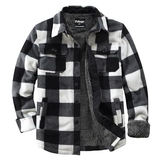 Puhope Jaqueta masculina de lã polar com forro de sherpa quente para homens, jaqueta grossa de botões com vários bolsos, Preto/branco, G