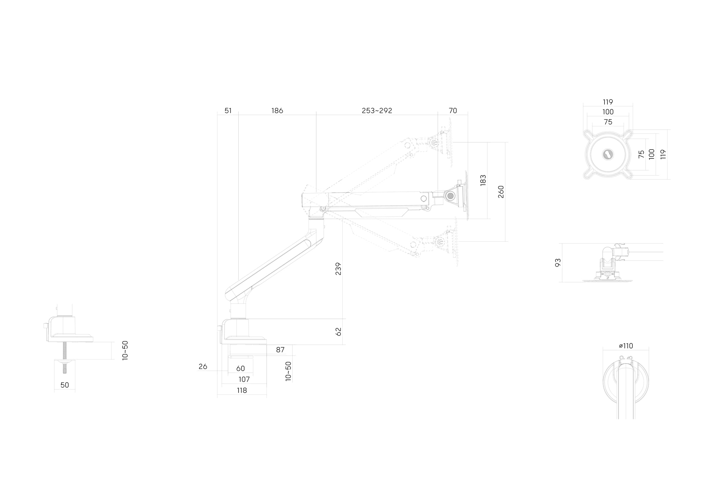 Braccio universale per monitor One for All - 13-35 pollici - VESA 75/100 mm - Regolazione dell'altezza - Inclinazione (80°), rotazione (180°) e rotazione (360°) - 9 kg per schermo - Nero (DM7110)