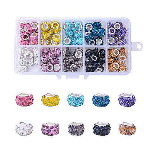 PandaHall 100 perline europee con strass in argilla polimerica 10 colori foro grande Rondelle distanziatore perline allentate con nucleo in ottone placcato argento per braccialetti a catena a serpente