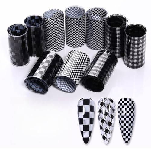 1 Box Nail Foil Transfer Stickers Decals, Print Black White Plaid Nail Art Sticker, Nail Art Design Tool, DIY Nail Art Stickers Decals Decorations Acrylic Nails Supplies for Home and Nail Salon